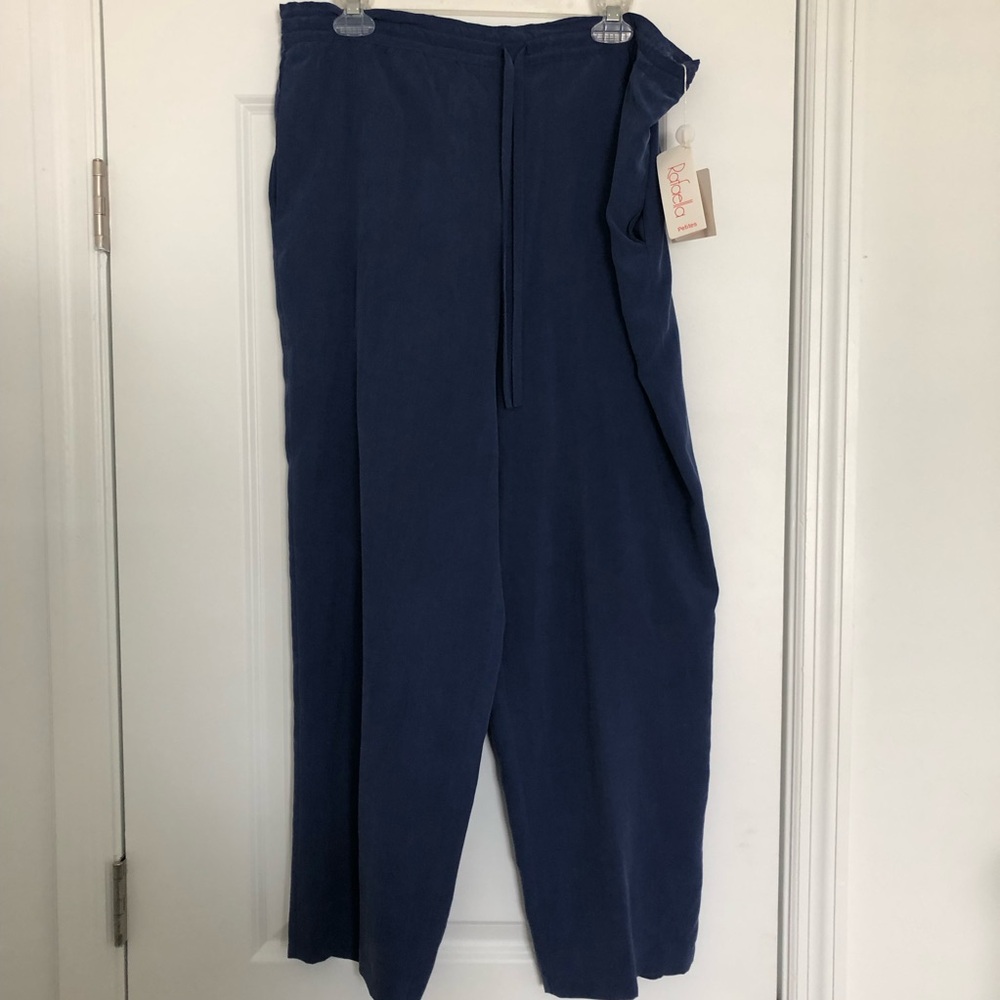 Rafaella Navy Blue Silk Drawstring Cropped Pants
